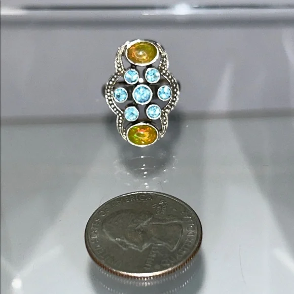 NWOT Genuine Ethiopian Opal Blue Topaz Gemstone Sterling Silver Ring Bohemian - Picture 11 of 11
